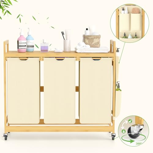 SUHU Wäschekorb aus 3 Fächer Bambus Wäschesammler mit Rad Wäscheregal kleine seitliche Taschen Wäschesäcken Abnehmbaren Wäschebox für Schlafzimmer Waschküche Beige