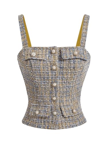 Floerns Women's Elegant Tweed Button Front Plaid Camisole Sleeveless Tank Tops Yellow Large