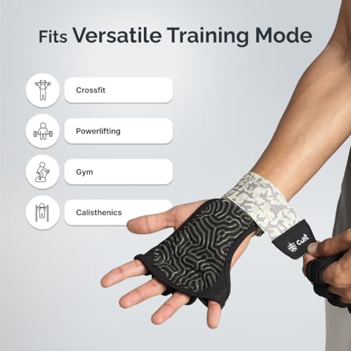 Image of CULT Half Finger Gym Gloves with Wrist Support for Men & Women | Anti-Slip Silicone Grip Exercise Gloves for Weightlifting, Workout, Pull Ups & Cross Training (Size S-M)