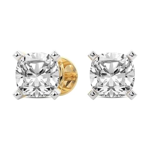 The Diamond Deal IGI Certified 2.00ct Carat Cushion Brilliant Lab-Grown Diamond 4-Prong Stud Earrings in 14k Yellow Gold With Screw Back Closure Cover