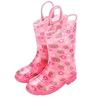 NSICBMNO Pink Wellies For Kids - Waterproof Wellingtons Boots, Girls Boys Welly Boots With Carry Handles, Floral Strawberry Rain Shoes, Non Slip Wellies, Outdoor, Muddy, Puddle, Children Rainboots