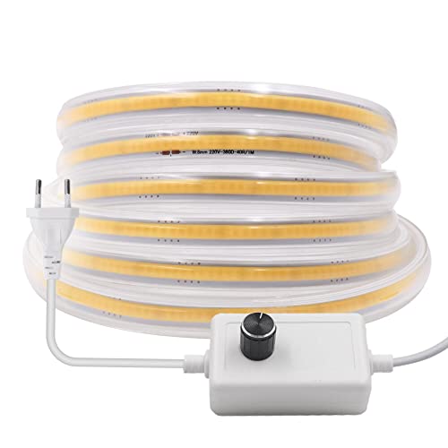 HEGEHE Flexible Tira de LED COB 220V con Interruptor Regulable Alimentación, 360 LED/m Luz de Cuerda de Alto Brillo, Cada Corte de 50cm, IP65 Impermeable (0.5m, Blanco Natural) Cover