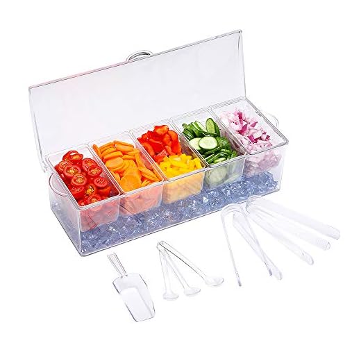 MJM condiment server, condiment tray, ice party serving bar, chilled caddy, bar garnish holder on ice, condiment dispenser, salad platter, compartment condiment tray with lid