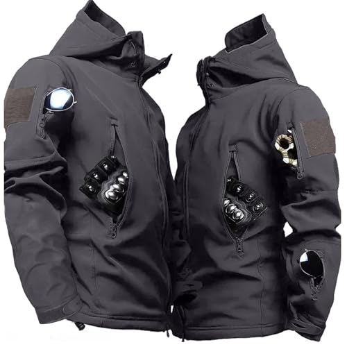 Image of Men's Tactical Fleece Lined Jacket Softshell Military Hooded 7 Pockets Windproof Outdoor Work Rain Coats Grey S