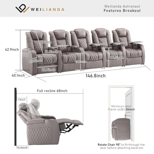 Image of Weilianda Home Theater Seating, Top Grain Leather Movie Theater Chair | Grey Row of 5, Zero Gravity, Power Headrest, Tray Table, Electric Reclining Seat for Media Room