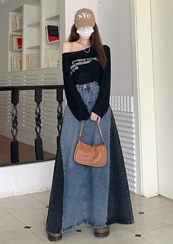 chouyatou Women's Vintage A-Line Maxi Denim Skirt Casual Color Block High Waist Long Jean Skirt4