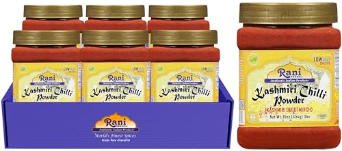 Rani Kashmiri Chilli Powder (Deggi Mirch, Low Heat) Ground Indian Spice 16oz (1lb) PET Jar, Pack of 6 ~ All Natural | Salt-Free | Vegan | No Colors | Gluten Friendly | NON-GMO | Kosher | Indian Origin