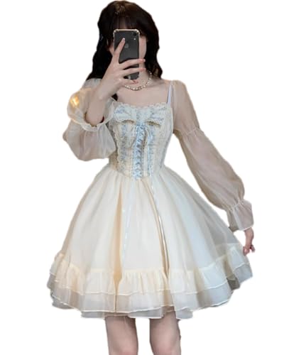 Sweet High Waist Casual Ruffle Long Sleeve Floral Dress Lace Bow Pleated Swing Hem Cute Dresses Princess Party Dress