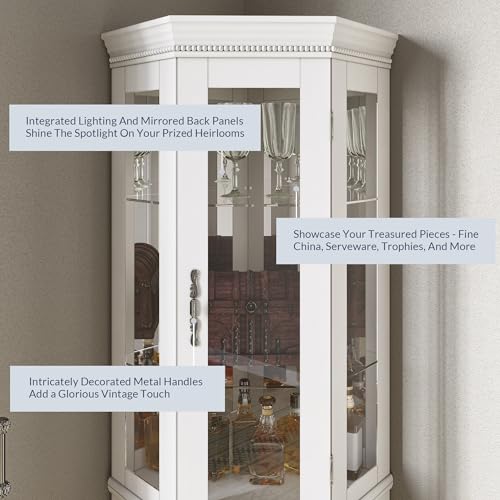 Image of BELLEZE Lighted 3-Side Glass Display Curio Cabinet w /Tempered Glass Doors & Shelves, Accent Wooden Corner Cabinet with Bulb, Corner Storage Decoration Rack for Living Room & Bed-Room Corona (White)