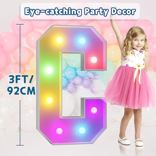 Image of Imprsv Colorful 3FT Marquee Letters C, 18 Colors Large Light up Letters | RGB with Remote, Birthday Party Decorations Anniversary Wedding Decorations Assembly Required 21 Pcs Accessory Set