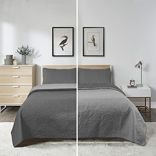 Hig 3 Pieces Reversible Oversized Bedspread Set Queen, Dark Gray Light Weight Ultrasonic Embossed Quilt Set With Luxurious Paisley Pattern Modern All Season Coverlet For Bedroom Microfiber (Paisley) #TOP1