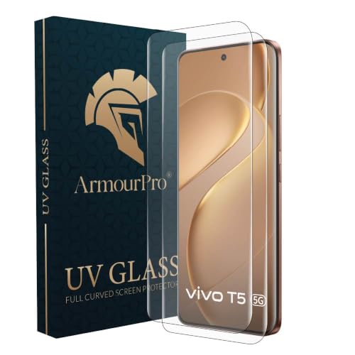 Image of ArmourPro UV Glue Tempered Glass for Vivo T5 5G, Pack of 2, Curved Screen Protector, 9H Anti Scratch, Edge to Edge Coverage, HD Clarity, Easy UV Installation Kit