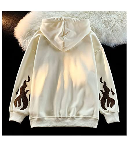 Ponitrack Aesthetic Hoodie Y2K Hoodie Gothic Hoodie Flame Cross Print Streetwear Women Oversized Hoodie Zip Up (White,M,Medium) #TOP2