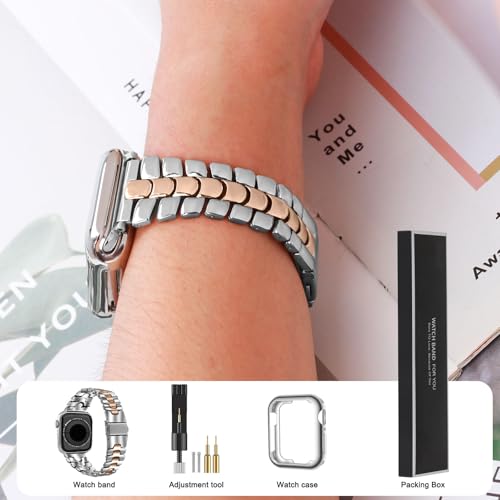 Thin Metal Band Compatible with Apple Watch Band 38mm 40mm 41mm 42mm 44mm 45mm 49mm, Dressy Stainless Steel Chain Strap, Slim Fancy iWatch Band with Case for Women Men