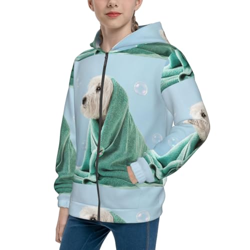 Dog Wrapped in Towel Kid Hoodies Boys Zip Up Sweatshirts Girls Pullover with Pocket