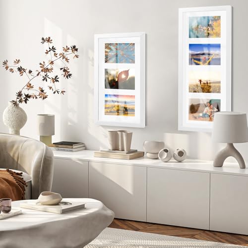 9x18 Oak Wood Picture Frame - 9x18 Photo Frame with Mat Display 3Pcs 5x7 Photos, 5x7 Picture Frame Wood, Natural Solid Wooden Picture Frames for Wall Art Photo and Prints(3 Pack, White)