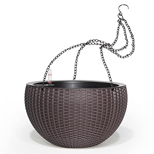 Dexceder 10.5 Inch Large Self Watering Hanging Planters Indoor Outdoor, Thickened Hanging Basket Flower Plant Pot with Water Level Indicator (Brown)