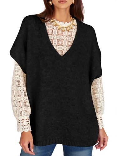 Yousify Womens Oversized Sweater Vest Batwing Short Sleeve V Neck Knit Tops Casual Loose Fit Pullover