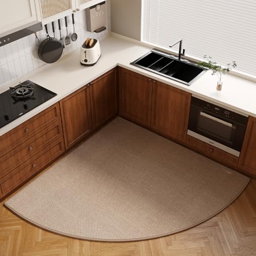 BANEBOR Tapis de cuisine d'angle antidérapant – Tapis de sol tressé super absorbant pour éviers, tapis circulaire lavable avec dos en caoutchouc – Tapis de cuisine imitation lin (kaki, rayon 140 cm)