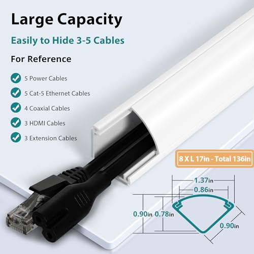 Image of Corner Cable Concealer, 136-inch Cord Cover, Large Capacity Paintable Cable Management Channel for Floor, Ceiling, Wall - 8 X L 17in
