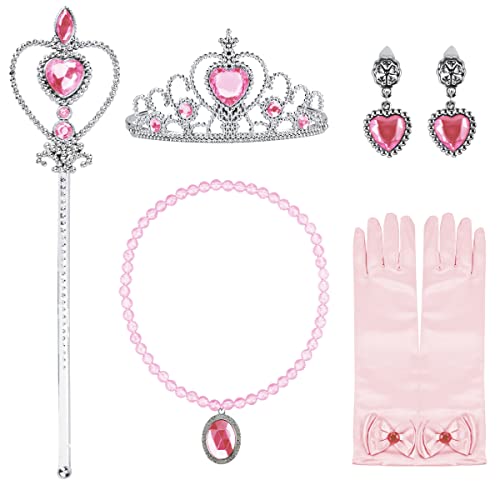 BUUFAN Girl Princess Dress up Accessories Costume for Princess Aurora Cosplay Queen Jewelry-Crown Wand Gloves Necklace Halloween Party Kids Birthday Party,4 Pieces Set