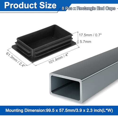 Image of uxcell 8 Pcs Rectangle Tubing End Caps 4 x 2 3 /8 Inch Plastic Hole Plugs Insert End Cap for Metal Tubing Post Chair Leg Table Bookshelves Furniture, Black