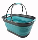 SAMMART 38L Collapsible Plastic Laundry Basket - Foldable Storage Container/Organizer - Portable Washing Tub - Space Saving Laundry Hamper (Grey/Crystal Blue)