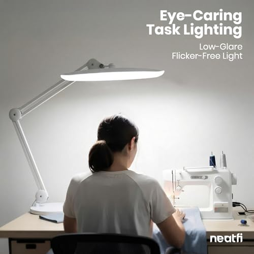 Image of Neatfi XL 2200 Lumens 20W LED Desk Lamp with Clamp - Adjustable Color Temperature | 4-Level Dimmable Light | Home Office, Crafts & Workbench | 20-Inch Wide Head (White, CCT with Base)