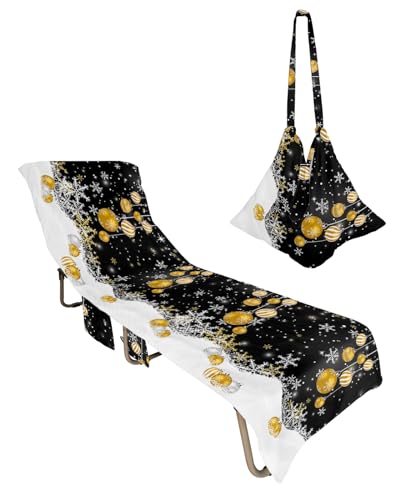 Christmas Balls Beach Chair Towel Covers for Chaise Lounge with Side Pocket, Soft Plush Pool Towels Cover for Patio Sunbathing Outdoor 29''x85'' Gold Black Xmas Winter Snowflake
