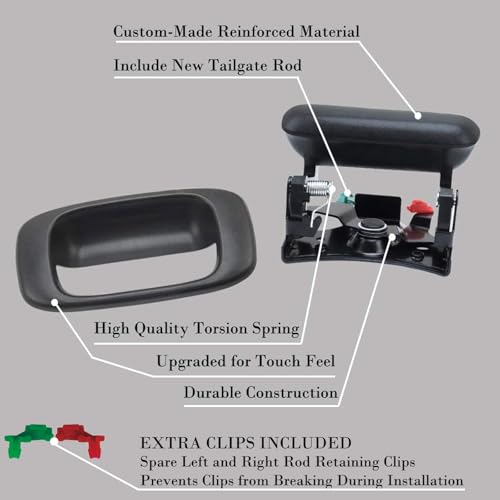 Gaoyeer Tailgate Handle Latch and Bezel Trim with 2 Pairs Rod Clips fit for 1999-2007 Chevy Silverado GMC Sierra 1500 2500 3500 | Replaces# 15997911, 15228539, 15228541, 15228540, 77488