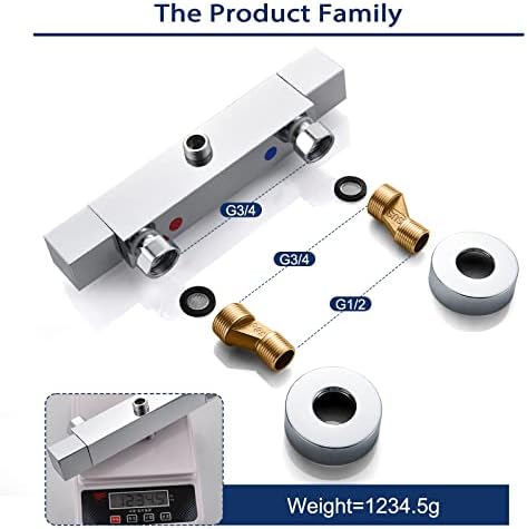 Solepearl Square Thermostatic Shower Mixer Bar Two Outlet, Chrome Brass Twin Outlet Bar Shower Valve, Shower Mixer Bar Dual Outlet with TOP 3/4" BSP (26.4mm) + Bottom 1/2" BSP (21mm)