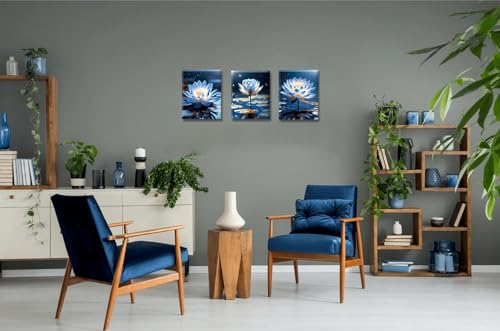 Image of Blue Lotus Flower Wall Art Prints,Framed Watercolor Lotus Flower Print Wall Art for Zen Office Decor,Botanical Canvas Art Prints for Bathroom Home Office Living Room Yoga Decor Set of 3(8 inchX10 inchin)