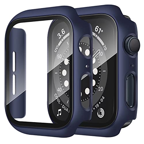 Anlinser 2 Pièces Coque Compatible avec Coque Apple Watch Serie 8 Serie 7 41mm avec Protection D'écran en Verre Trempé, Protecteur Dur pour iWatch (Bleu nuit + Transparent)