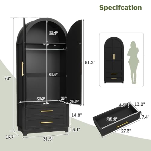 Maupvit Wardrobe Closet, Modern Armoire Wardrobe Closet with 2 Drawers and Arched Doors, 73" Tall Wooden Bedroom Armoires with Shelves and Hanging Rod, Black