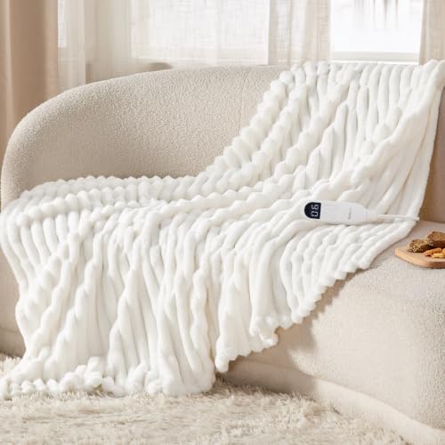 Bedsure Heated Blanket Electric Throw - Thick Striped Fast Heating Electric Blanket with Preheat...
