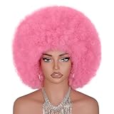 ANNISOUL Afro Wigs for Black Women Short Curly Afro Kinky Wig 70s Bouncy Huge Fluffy Puff Wigs Premium Synthetic for Cosplay and Daily(Pink)
