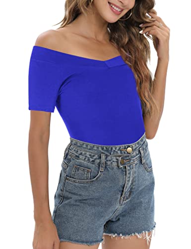 Image of Sarin Mathews Womens Shirts Off The Shoulder Tops Sexy V Neck Slim Fit Shirts Tops Blouses
