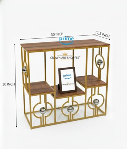 Image of Console Table with Storage, Modern Engineered Wood, Gold Metal Frame with Decorative Spheres, 30x30x7.5 Inch (Black Black)