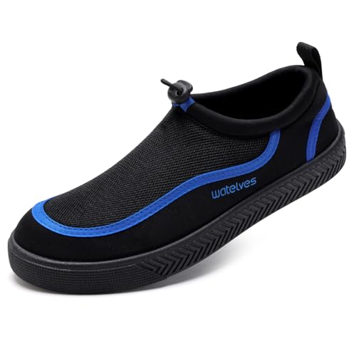 WateLves Water Shoes for Women and Men - Quick-Dry Multi-Purpose Casual Water Sneakers Slip-On with Drainage Holes - Lightweight, Breathable Aqua Shoes for Swim Beach Walking (Black/Blue, 42)