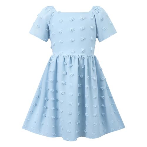 Image of HILEELANG Girls Summer Dress Bow Tie Back A-Line Party Dress for Little Big Girls Short Sleeve Dress with Lining 6-12 Years