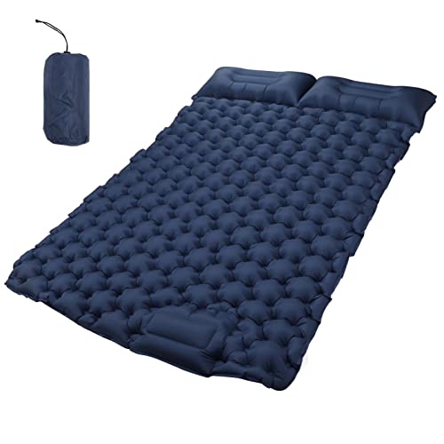 Yuecoom Colchoneta inflable doble para dormir con almohada, diseño ergonómico, de nailon, para exteriores, color azul marino