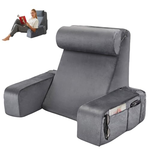 Bekasa Reading Pillow for Bed Adult, Memory Foam Rest Back Pillow for Sitting with Neck Roll, Armrest Back Cushion Sitting in Bed Read Rest Pillows for Watching TV, Gaming, Large 19 Inch (Grey)