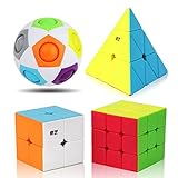 Roxenda Speed Cube Set, Speed Cube Bundle of 2x2 3x3 Pyramid Cube and Magic Rainbow Ball Smoothly Magic Cubes Collection for Kids Teens & Adults [4 Pack] (Stickerless)