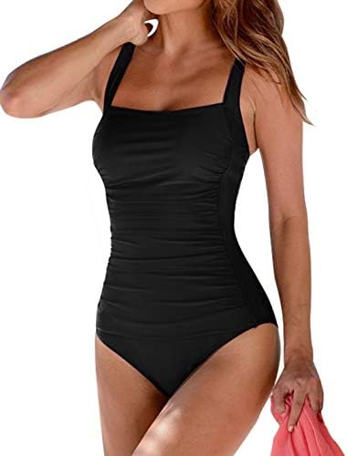 Upopby Women's Vintage Padded Push up One Piece Swimsuits Tummy Control Bathing Suits Plus Size Swimwear Black 14