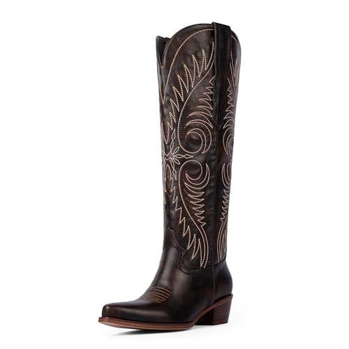 Modatope Cowboy Boots for Women Knee High Cowgirl Boots Embroidered Pointed Toe Chunky Heel Western Boots Pull On Wide Calf Tall Boot