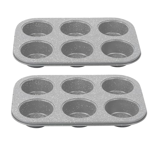 Salter COMBO-5357 Non-Stick 6 Cup Muffin Baking Tray, Set of 2, Bakeware Mould for Cupcakes, Yorkshire Puddings, Brownies, Carbon Steel Ovenware, PFOA Free, Easy to Clean, Marblestone, Grey
