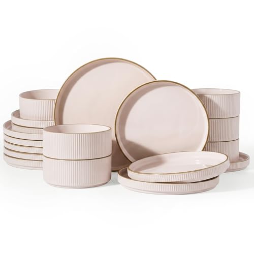 Image of Famiware Stoneware Dishes Dinnerware Sets for 6, Plates and Bowls with Trim