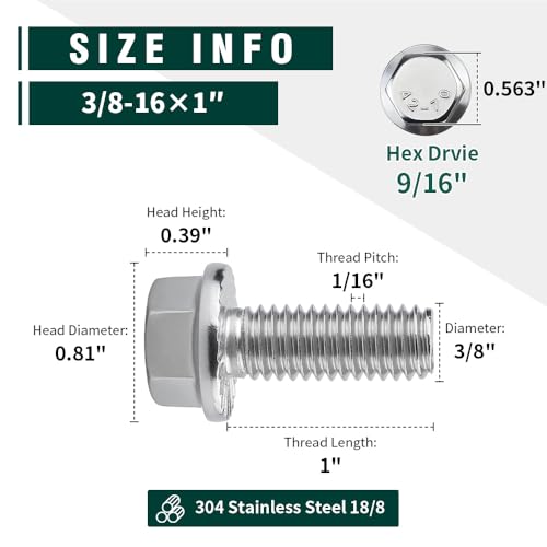 Image of 3 /8-16 x 1 Flanged Hex Head Bolts Screws, 304 Stainless Steel 18-8, Full Thread, Coarse Thread, 10 PCS