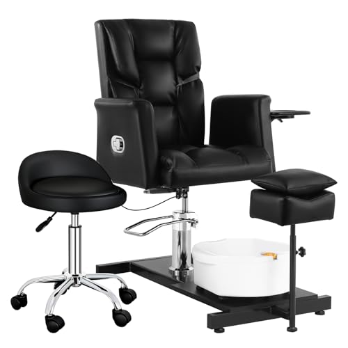 FRATUNAR Pedicure Chair with Stool & Bubble Massage Foot Bath, Hydraulic Pedicure Chair for Nail Tech, No Plumbing, 360 ° Rotation for Beauty Spa Salon Unit Station Black