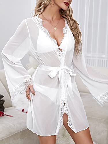 WDIRARA Women's See Through Lace Trim Long Sleeve Belted Short Sheer Robe Kimono4
